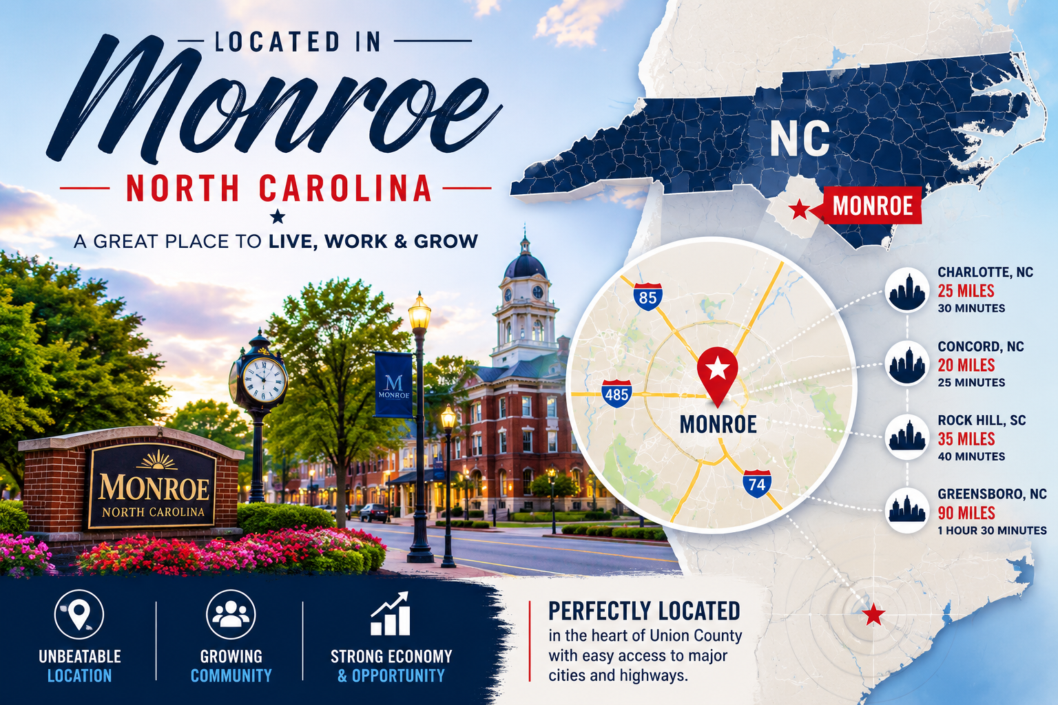 Monroe North Carolina location graphic with map and downtown imagery