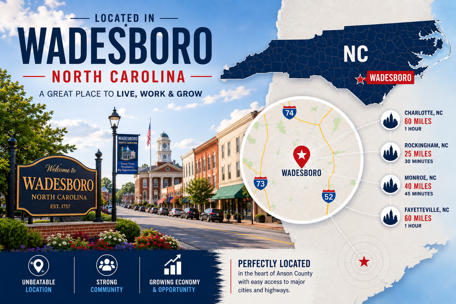 Wadesboro North Carolina location graphic with map and downtown imagery