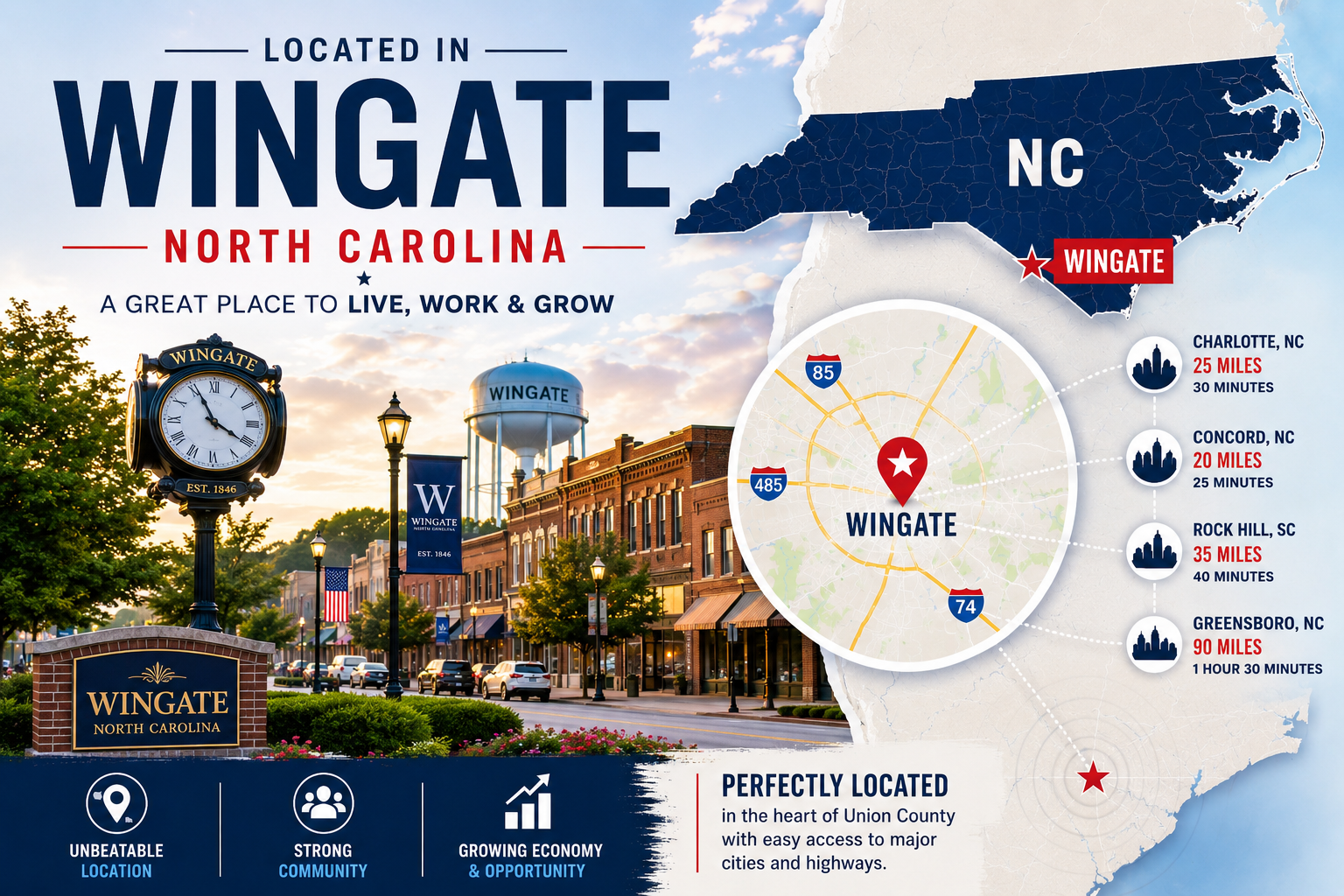 Wingate North Carolina location graphic with map and downtown imagery