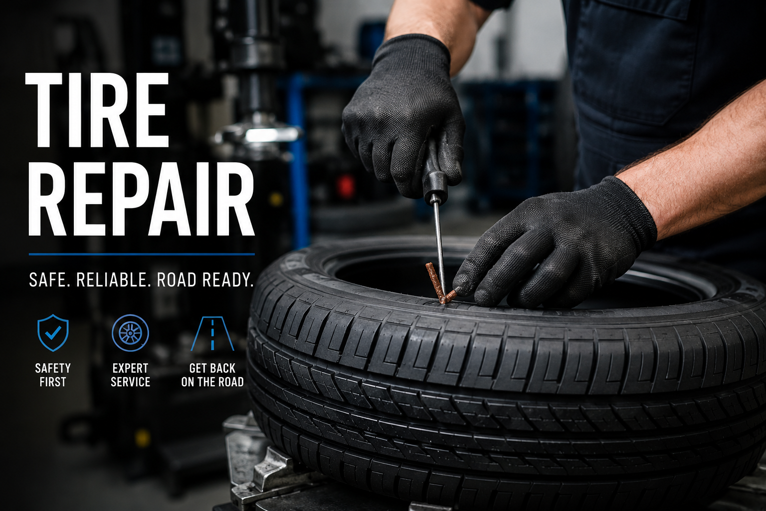 Technician repairing a tire in a service bay